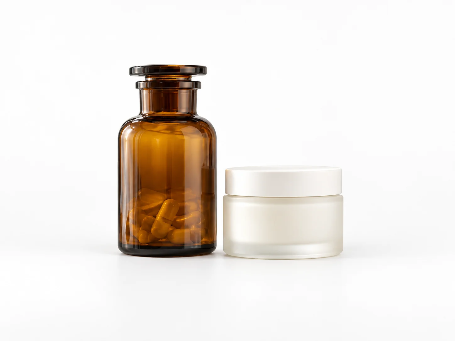 Neutral product image with an apothecary bottle and jar