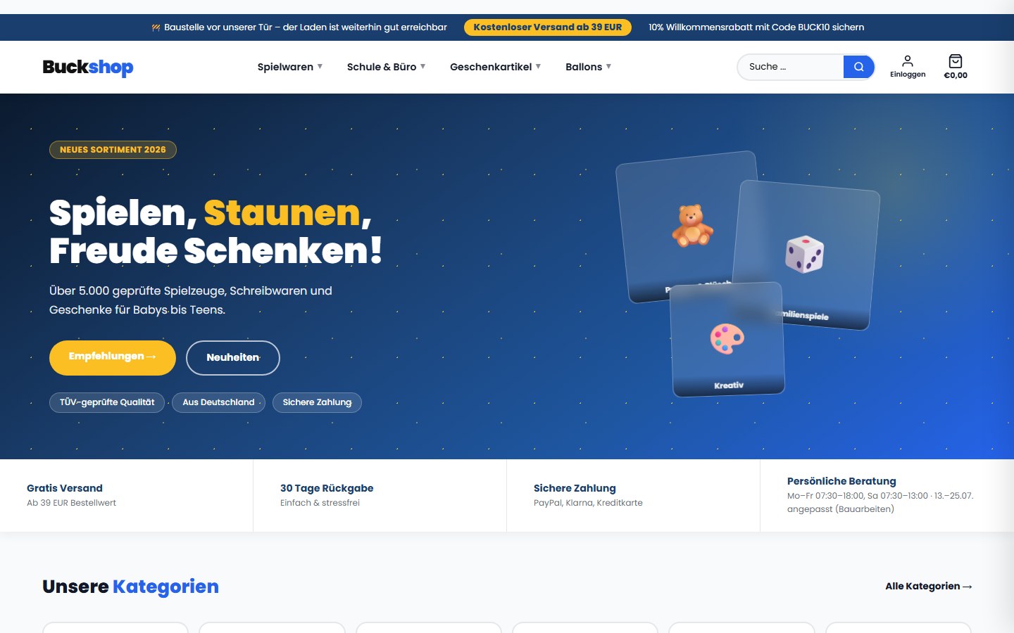 Startseite des Spielwaren- und Schreibwaren-Shops BuckShop